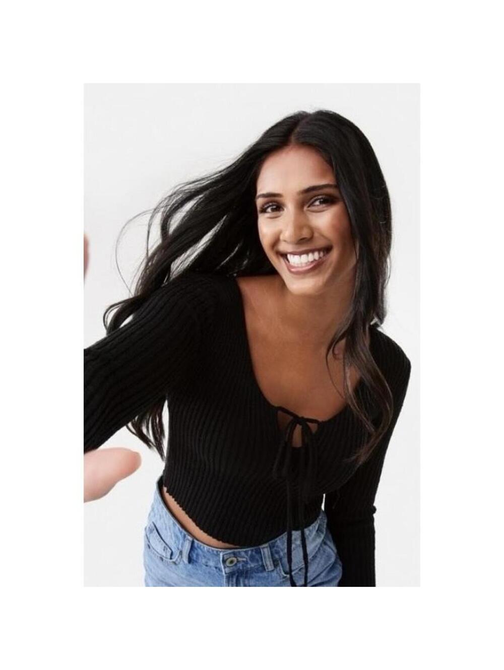 ZARA NWOT Women’s Ribbed Square Neck Tie Front Sweater Top in Black-Size XL